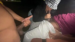 Park slut sucks two dicks 😏 big ass bent over.