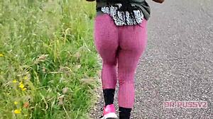 Ebony with huge ass in leggings jogs alone in forest