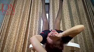 Nice Lady in Pantyhose and Heels Strips Slowly at Round Table for Neighbors