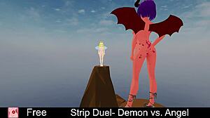In this intriguing game, the demon and angel engage in a strip duel with clothes being ripped.