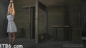 Tormenting babes' vagina with toy! Rough bondage sex drives her wild!