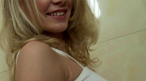 calvina b fingers her big tits and shaved pussy in the shower. does she cum hard after playing with the handheld?