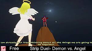 In this intriguing game, the demon and angel engage in a strip duel with clothes being ripped.
