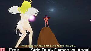 In this intriguing game, the demon and angel engage in a strip duel with clothes being ripped.