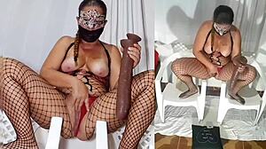 bitch teases hot with huge dildo in bodysuit and panties