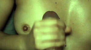 Natural tits, hand, and cum