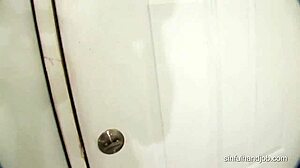 Brunette jerks off big dicked guy