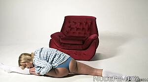 cutie teases you by rubbing her tight shaved slit.