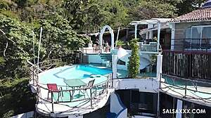 Tattooed Latina Sucks Cock and Gets Doggy Fucked by the Pool