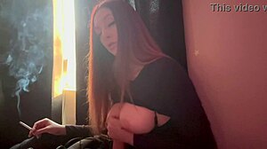 italian long hair big tits artemisia love dildo handjob while smoking a cigarette