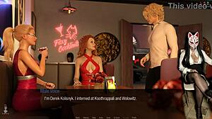 In the bar, Jessica O'Neil teases with stockings and upskirt views in her hard news game episode 33, blending brunette and blonde office slut vibes.