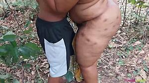 i feel so wild fucking my boyfriend's thick hairy ass in the bush with my big black tits bouncing