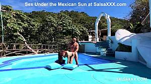 Tattooed Latina Sucks Cock and Gets Doggy Fucked by the Pool