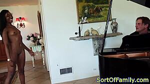 black stepdaughter bent over by piano for steamy action