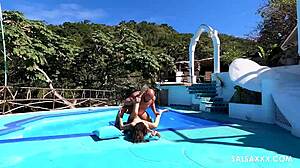 Tattooed Latina Sucks Cock and Gets Doggy Fucked by the Pool