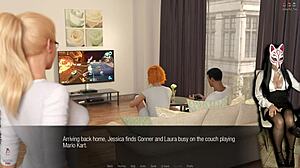 In the bar, Jessica O'Neil teases with stockings and upskirt views in her hard news game episode 33, blending brunette and blonde office slut vibes.