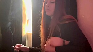 italian long hair big tits artemisia love dildo handjob while smoking a cigarette