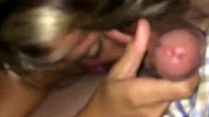 Mature tattooed blonde milf sucks petite young cock outdoors in public.