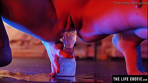 she fucks her tight asshole with a huge ice dildo