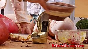 Lesbian Secretaries in Leggings and Pantyhose Playing with Toys in Food