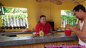 Petite Teenie Rides Senior’s Cock Anally in Bikini Scene.