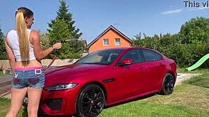 Sexy car wash with lenushka doll - hot summer and wet hose play