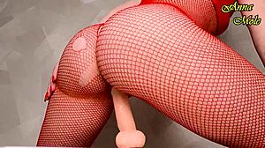 Athletic milf in red pantyhose fingers wet pussy before riding big black cock