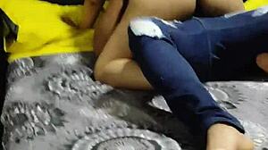 sissy cuckold in chastity watches girlfriend fucked by lover