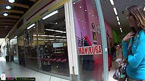 Shy teen girl explores the mall with friends