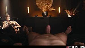 this hot brunette with red lipstick nails touches herself in sexy lingerie while smoking a cigarette 😏