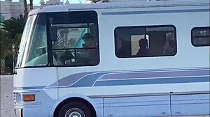 A couple enjoys road head on the bustling Las Vegas Boulevard with blowjobs and wet pussy action