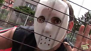 Busty Blonde Captured, Asshole Railed by Masked Group