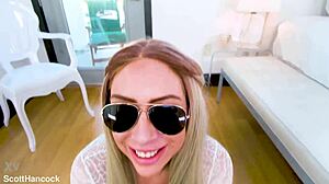 sunny chase gives pov blowjob to huge cock and swallows cum