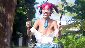 slutty school girl flashes on the swingset barefoot, teasing with her feet