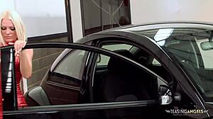 Lovely girls masturbate together in heels and moan while washing car with big tits.