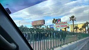 A couple enjoys road head on the bustling Las Vegas Boulevard with blowjobs and wet pussy action
