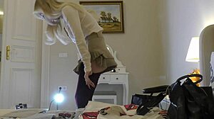 feeling nervous yet excited as the blonde slut undresses in the bathroom for her casting interview turning into a porn shooting