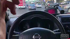 A couple enjoys road head on the bustling Las Vegas Boulevard with blowjobs and wet pussy action