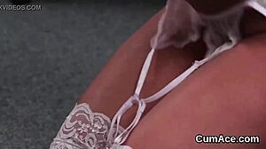 overwhelmed randy hottie receives massive cum load on her face while eagerly swallowing every drop of jizm