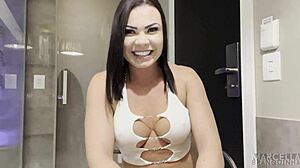 Brunette in lingerie sucks monster cock! Fucked doggystyle to orgasm cumshot.