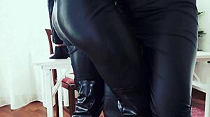 Detailed leather-clad lesbian threesome sex at the office with group action