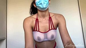 naughty nurse gets messy - titjob blowjob cum in mask, you want that?