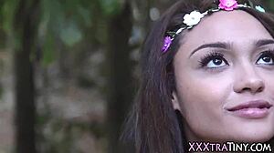 Petite teen surprises with facial outdoors