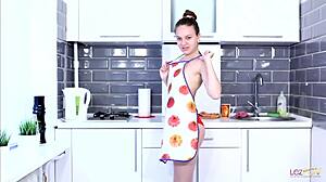 chipper teen in red panties masturbates in kitchen