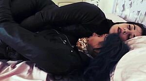 Detailed leather-clad lesbian threesome sex at the office with group action