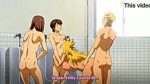 colegiala morena congiendose a los estudiantes en el ba�o