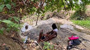 streams of joy gets dicked outdoor with huge boobs