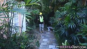 Petite teen surprises with facial outdoors