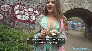 Pretty Brunette Kitty Sucks Monster Cock in Public.