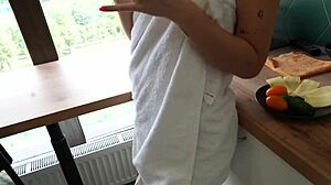 couple fucks in kitchen, creampie her tight pussy bent over